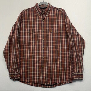 George Strait Wrangler Plaid Check Button Down Shirt Men's L Red Brown‎